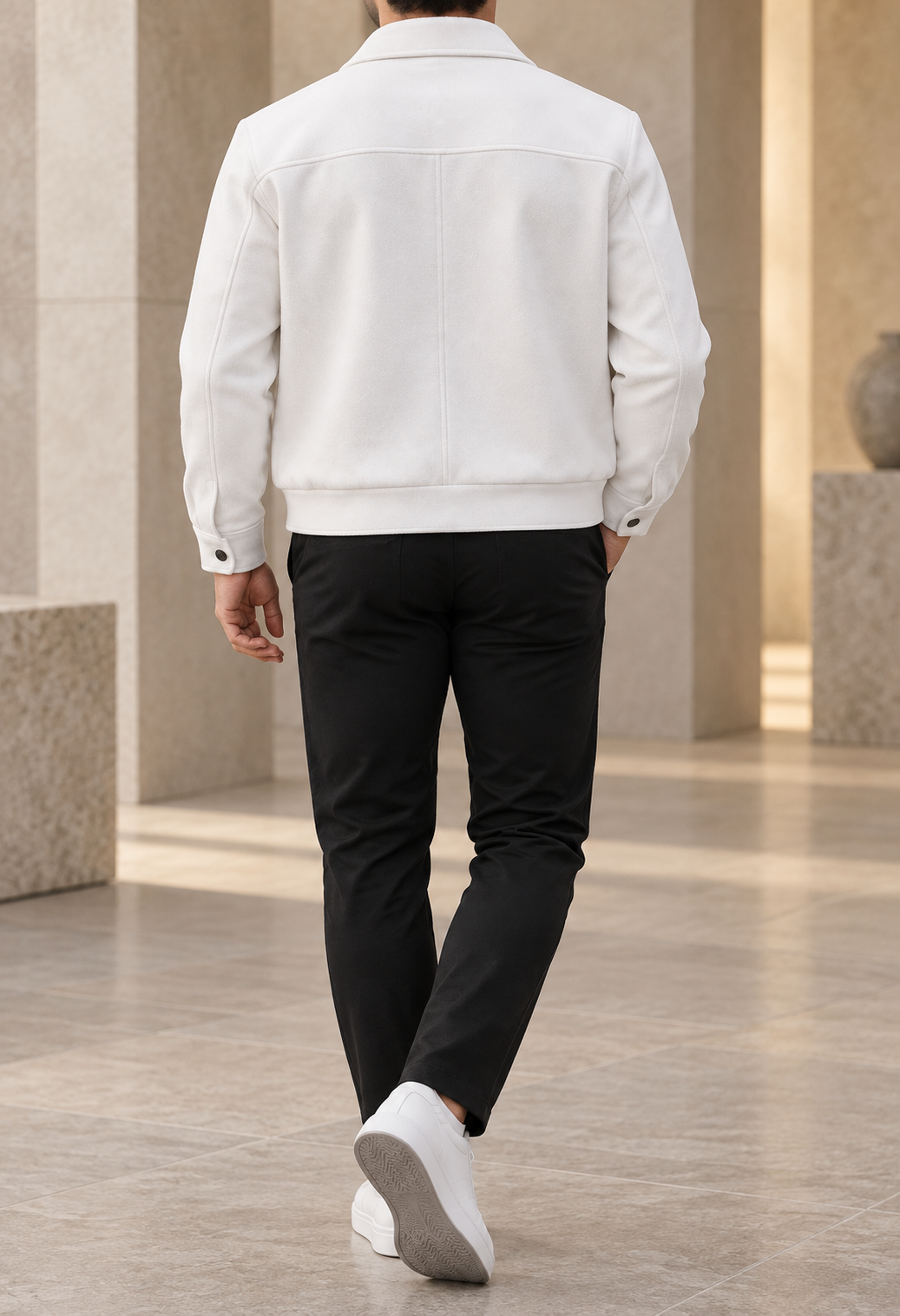Chaqueta de paño para hombre blanca trasera