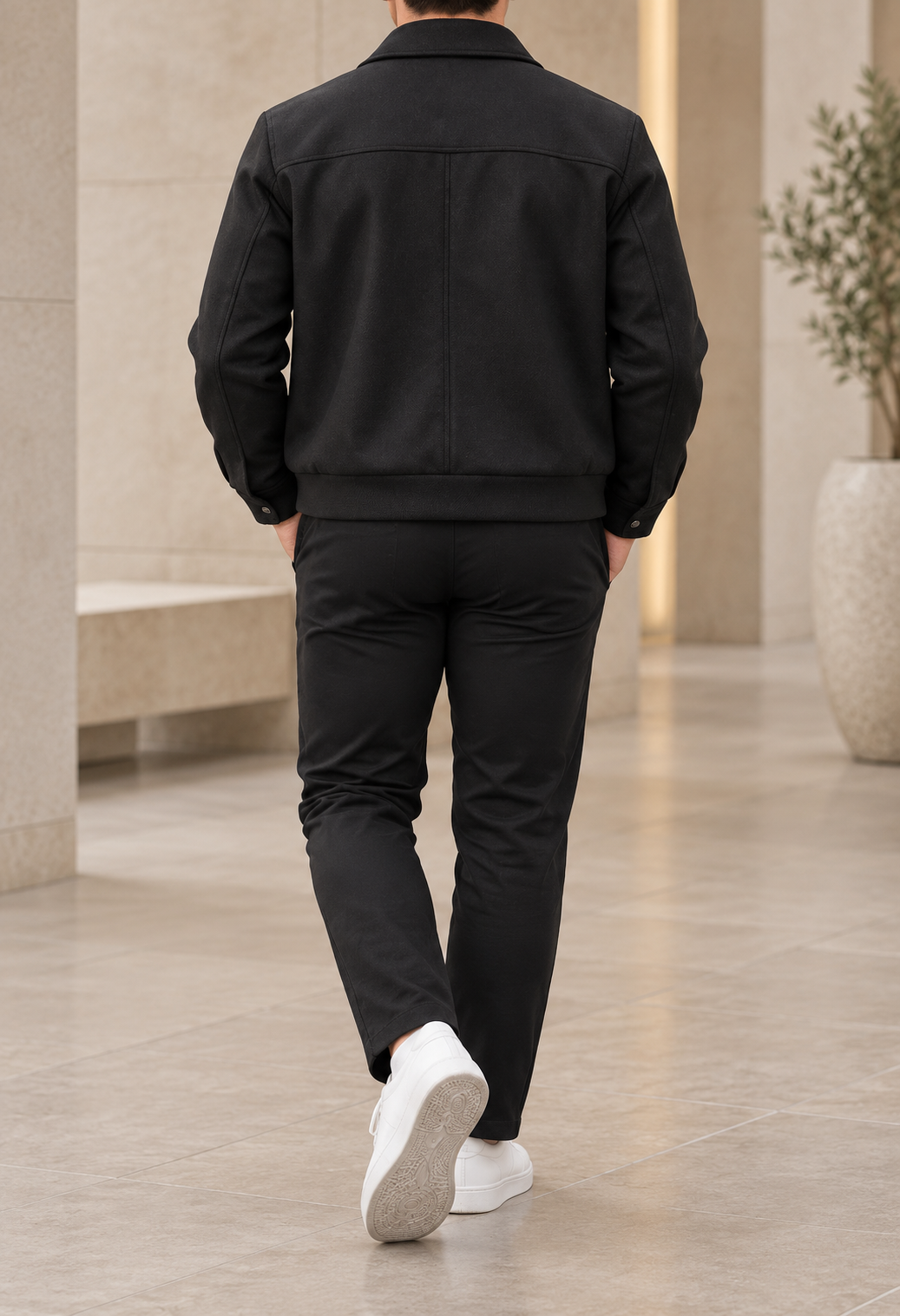 Chaqueta de paño para hombre negra trasera