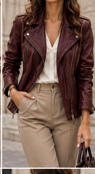 Chaqueta biker efecto piel burdeos frontal