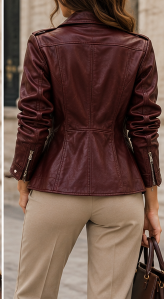 Chaqueta biker efecto piel burdeos trasera