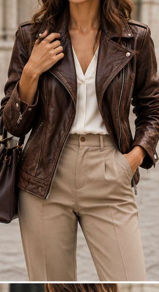 Chaqueta biker efecto piel marrón chocolate frontal
