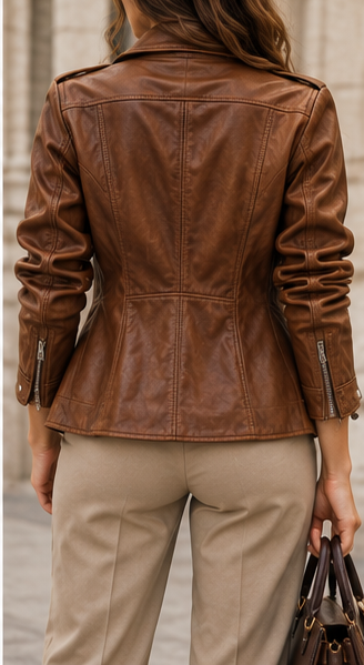 Chaqueta biker efecto piel cognac trasera