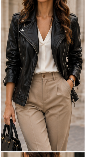 Chaqueta biker efecto piel negra frontal