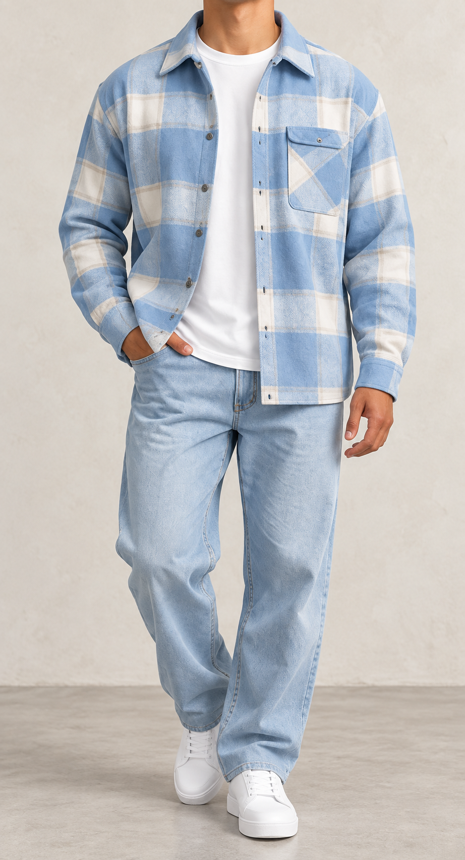 Chaqueta sobrecamisa de cuadros azul cielo, vista frontal