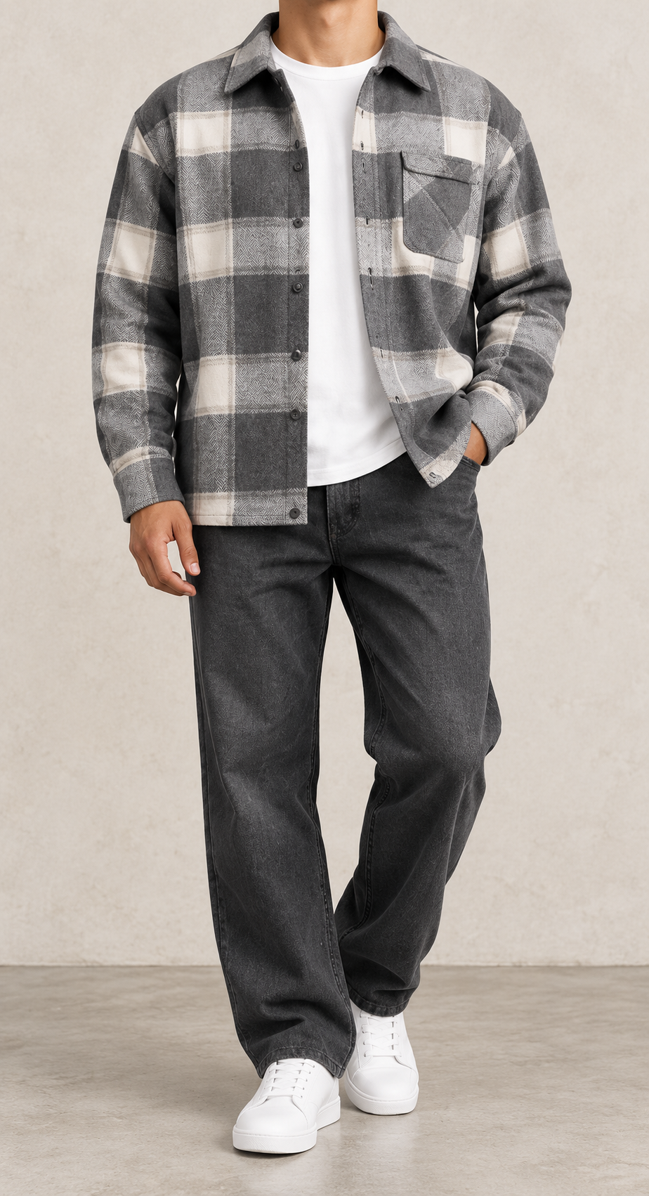 Chaqueta sobrecamisa de cuadros gris, vista frontal