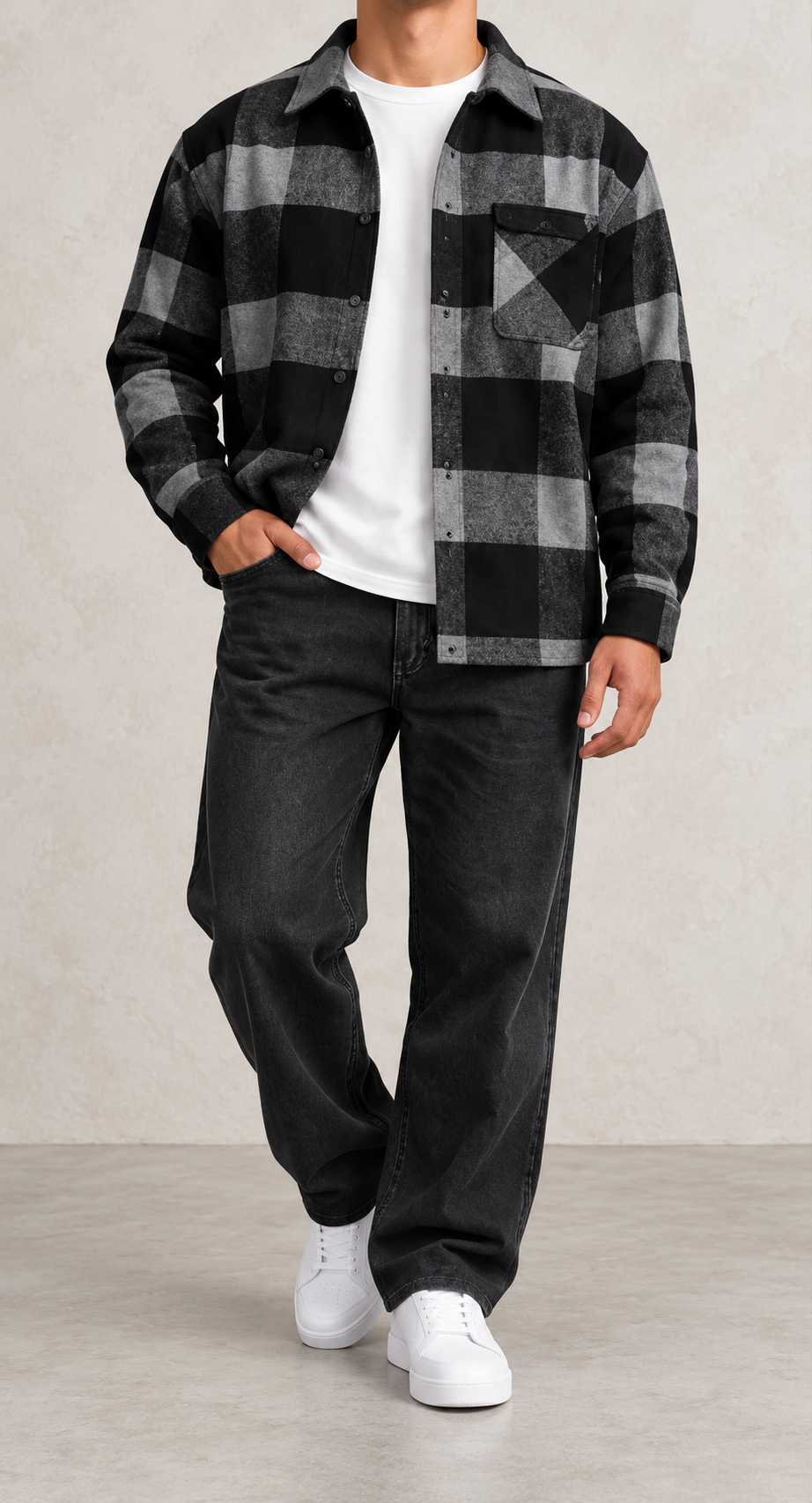 Chaqueta sobrecamisa de cuadros negra, vista frontal