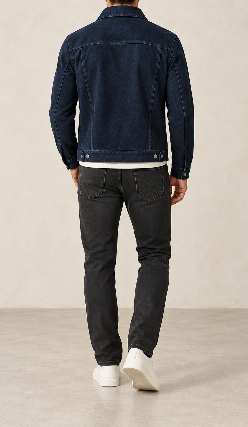 Chaqueta trucker de hombre azul media noche, vista trasera