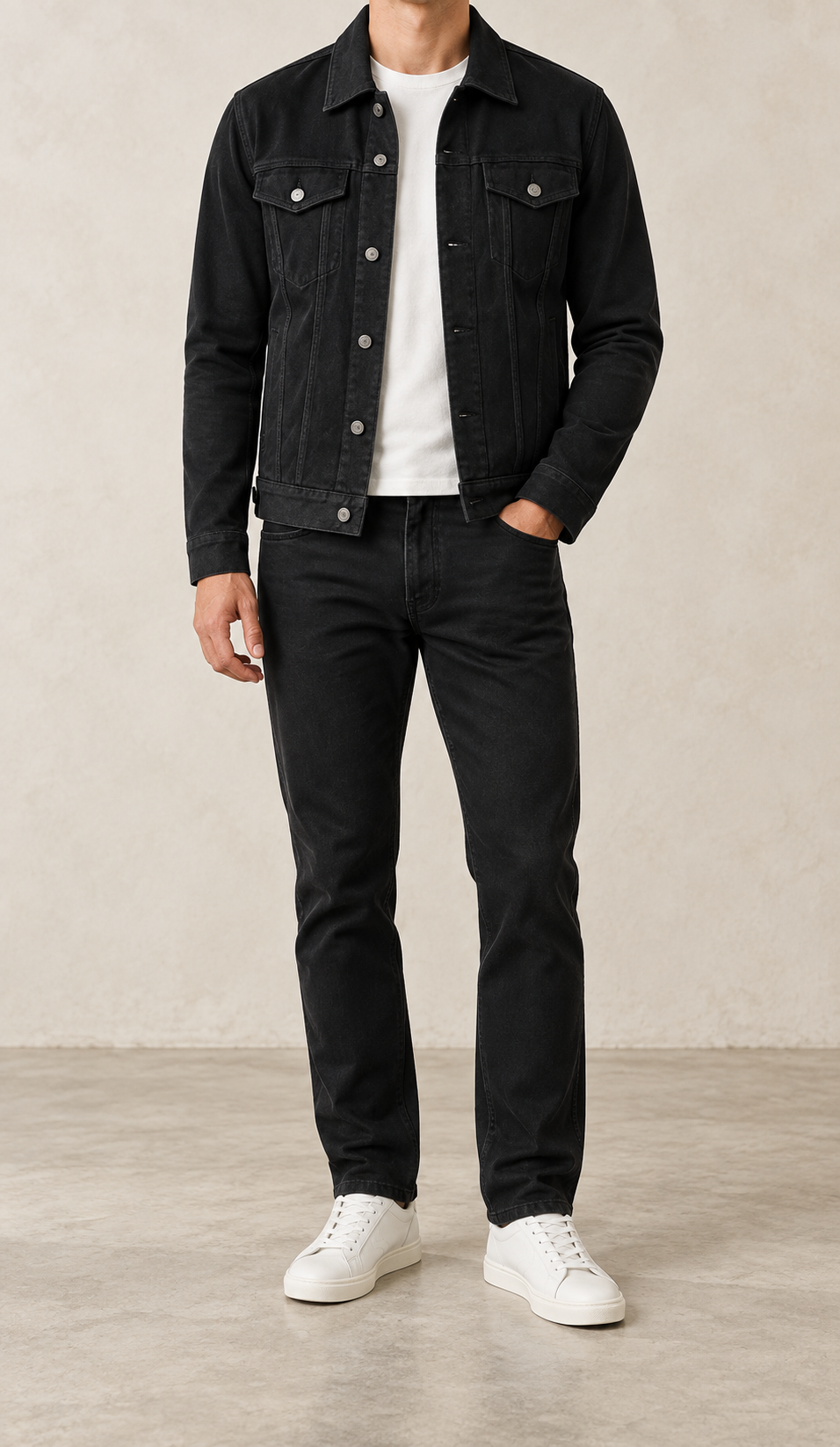 Chaqueta trucker de hombre negra, vista frontal