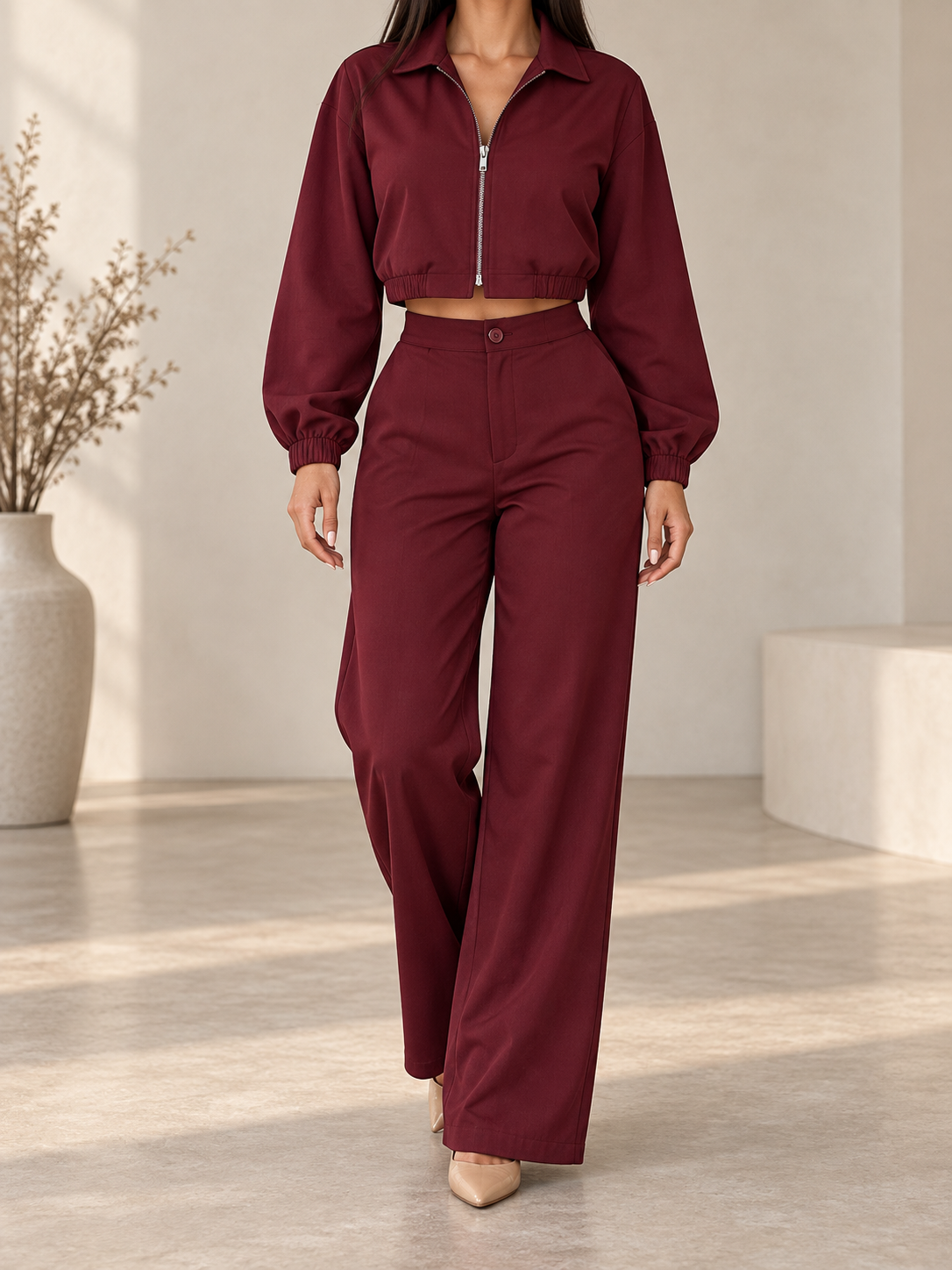 Conjunto bomber burdeos profundo vista frontal