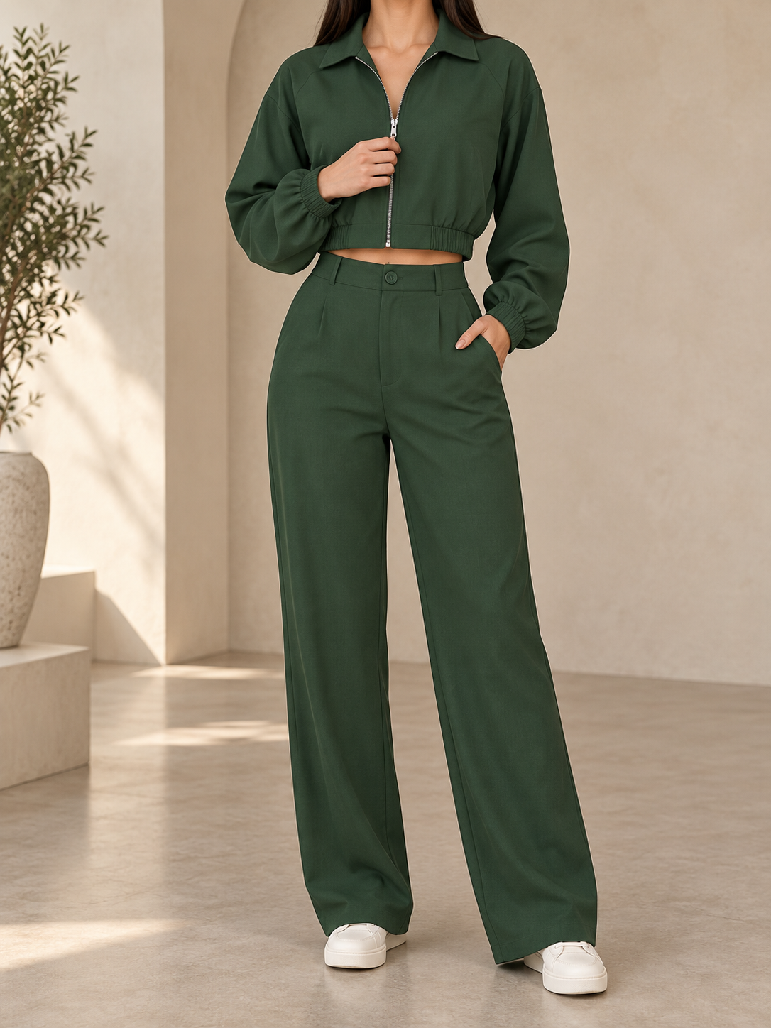 Conjunto bomber verde cacería vista frontal