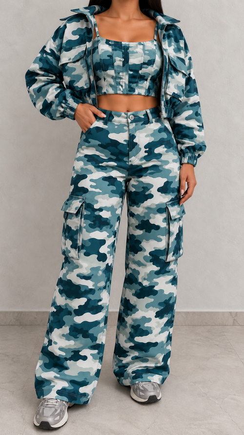 Conjunto Cargo Mujer de Tres Piezas Camuflaje