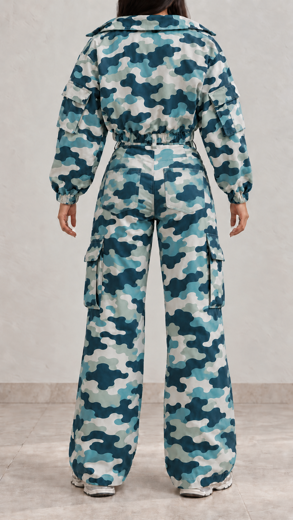 Camuflaje azul petróleo - trasera - Conjunto Cargo Mujer Tres Piezas