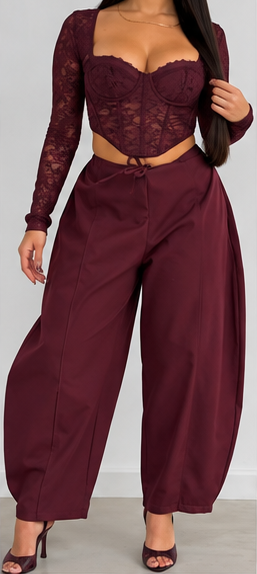 Conjunto Corset de Encaje y Pantalón Ancho Mujer