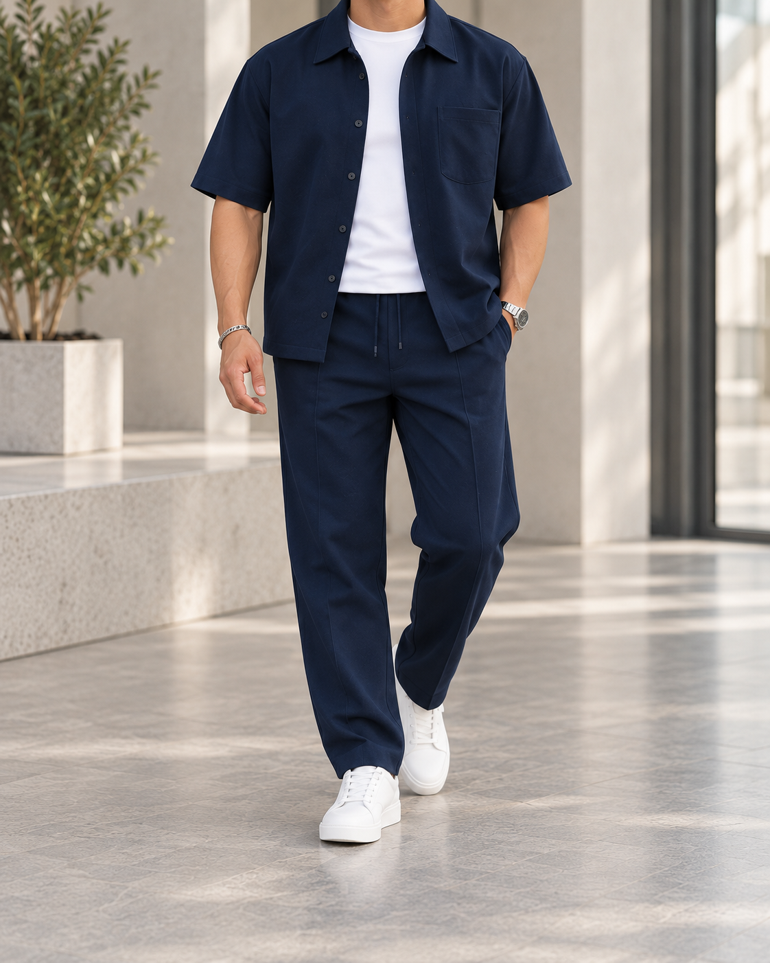 Conjunto de hombre camisa y pantalón azul oscuro - vista frontal
