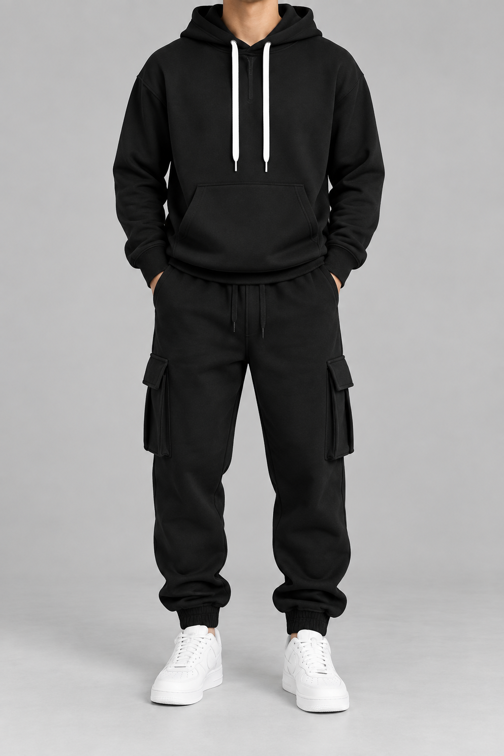 Conjunto Hoodie Cargo Hombre negro frontal