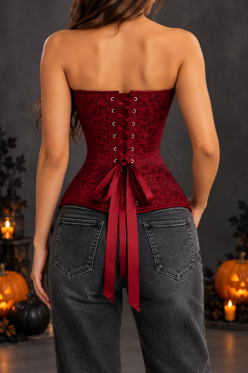 Corset Gótico Mujer Brocado Color sangre trasera