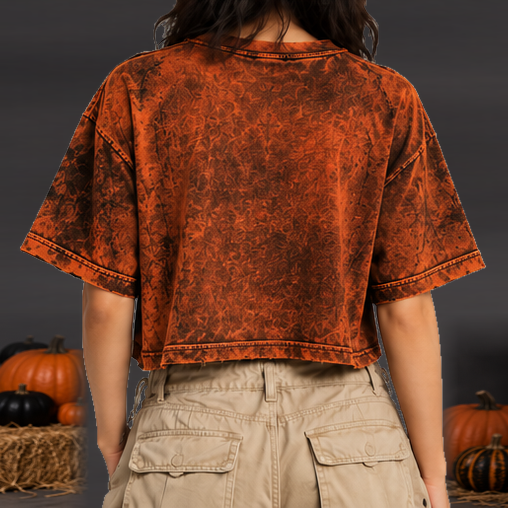 Camiseta Crop Halloween Mujer - Naranja oscuro gastado - vista trasera