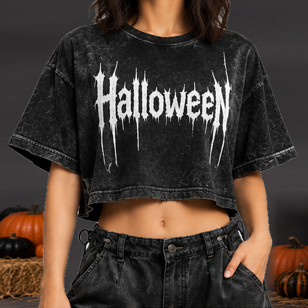 Camiseta Crop Halloween Mujer - Negro - vista frontal