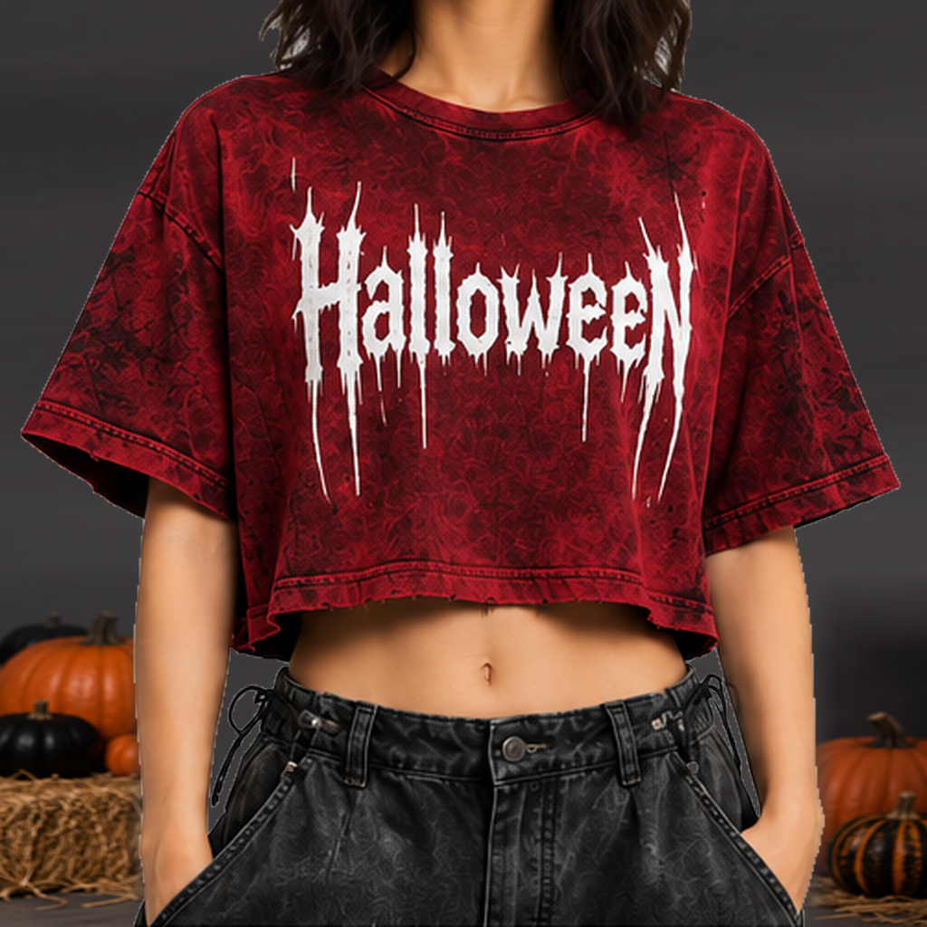 Camiseta Crop Halloween Mujer - Color sangre - vista frontal