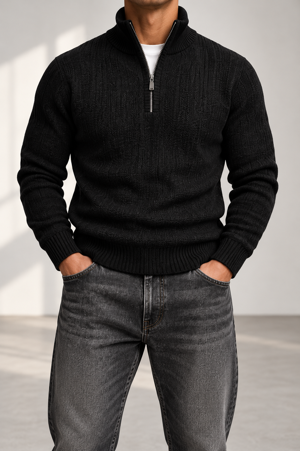Jersey Media Cremallera Hombre Negro - vista frontal