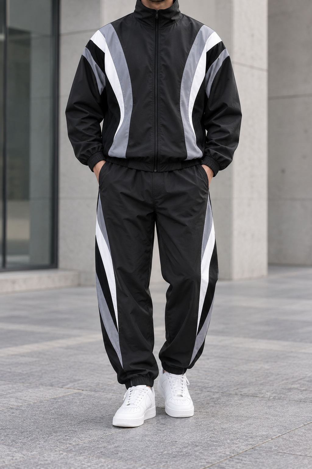 Conjunto Deportivo de Hombre Retro - Negro plateado frontal