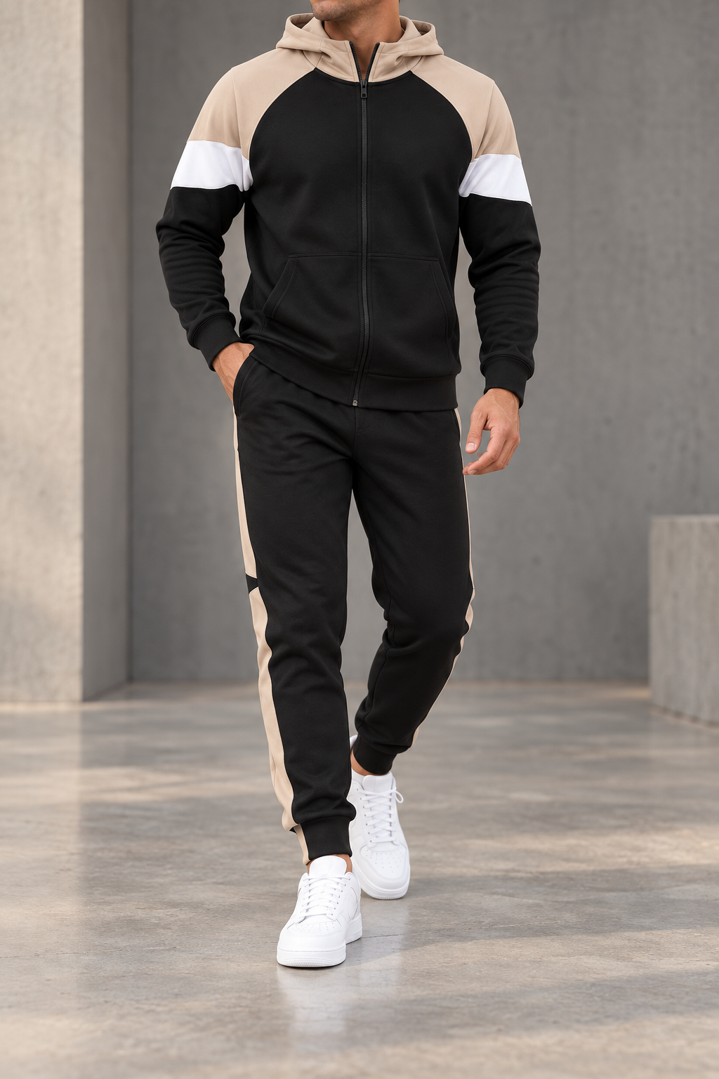 Chándal Color Block Hombre Beige - vista frontal