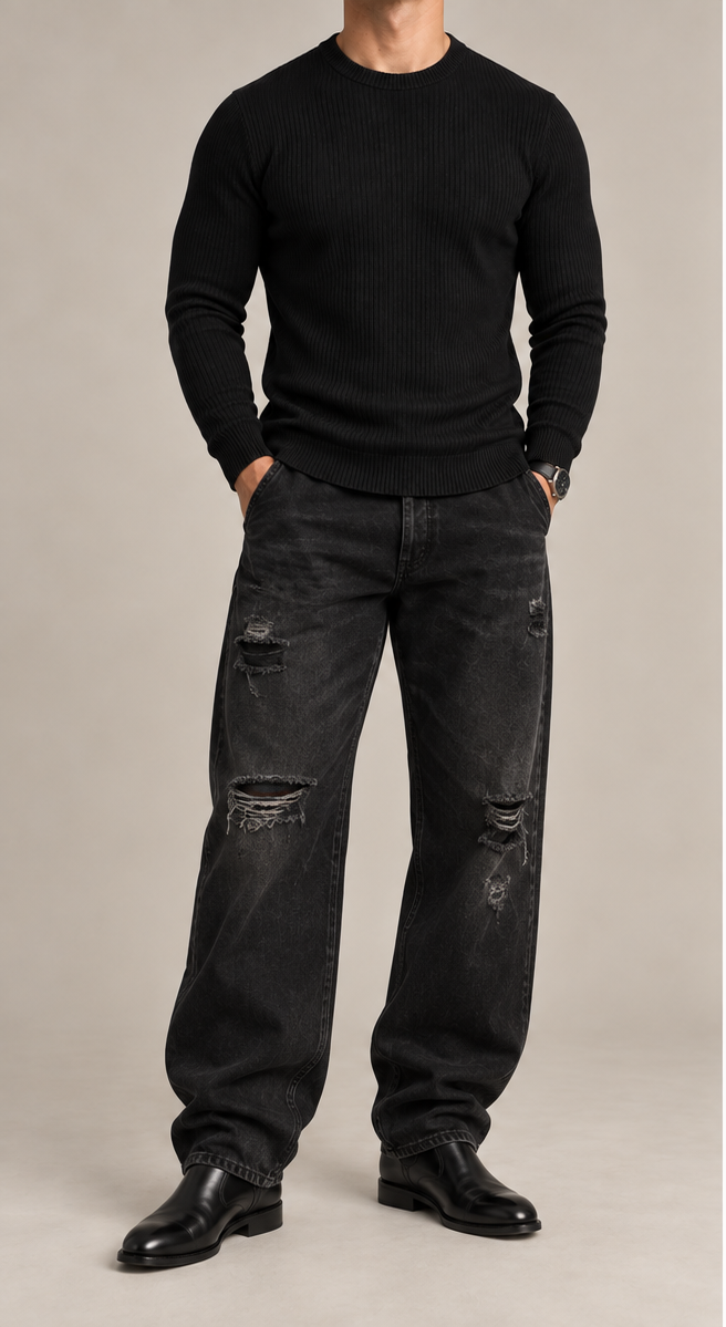 Jersey canalé negro de hombre, vista frontal, vaquero baggy negro desgastado y botas negras