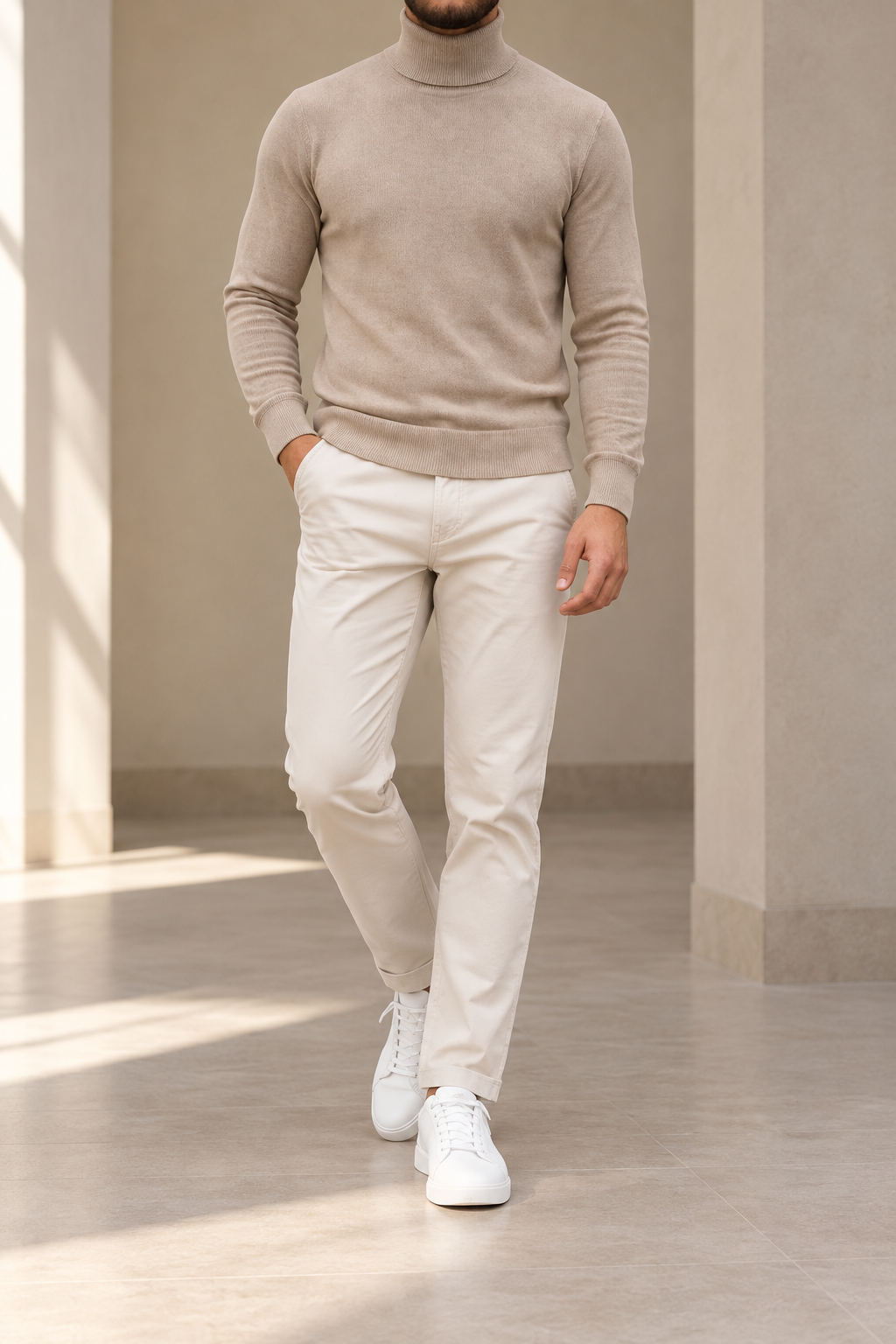 Jersey de cuello alto beige desierto para hombre, vista frontal