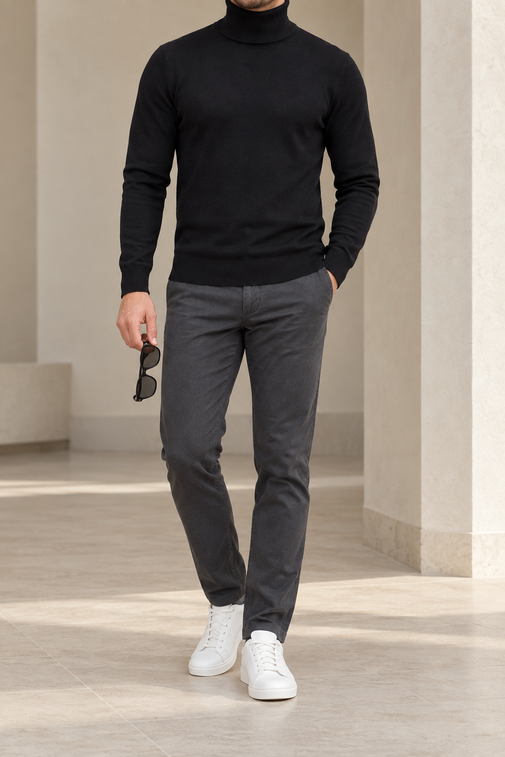 Jersey de cuello alto negro para hombre, vista frontal