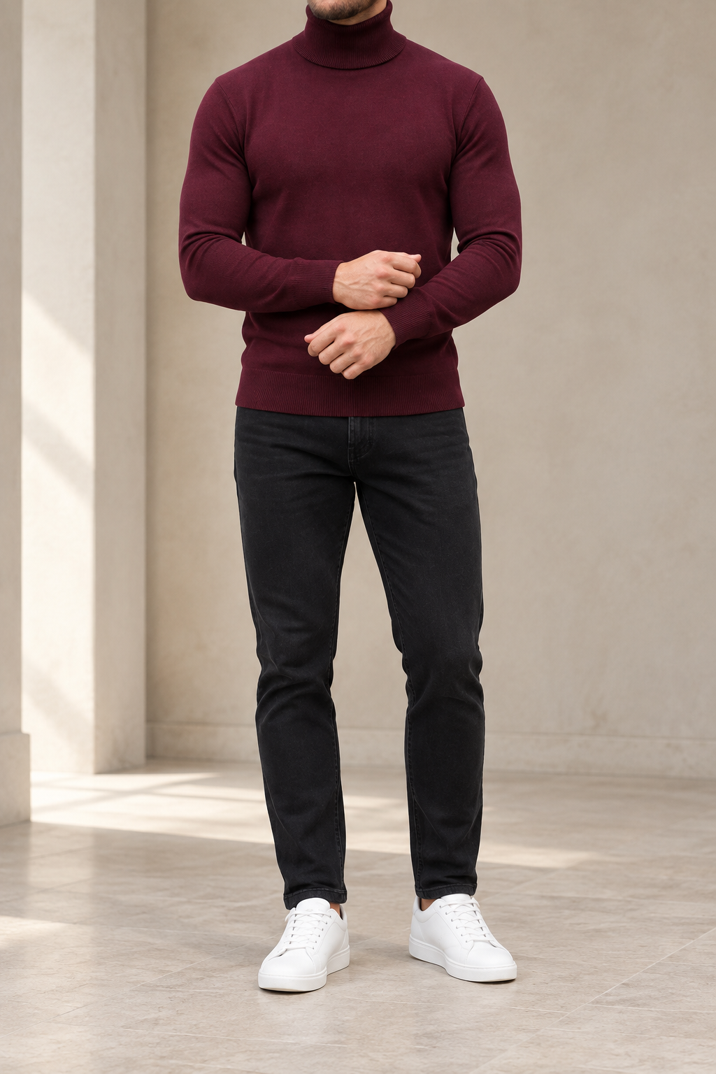 Jersey de cuello alto burdeos para hombre, vista frontal