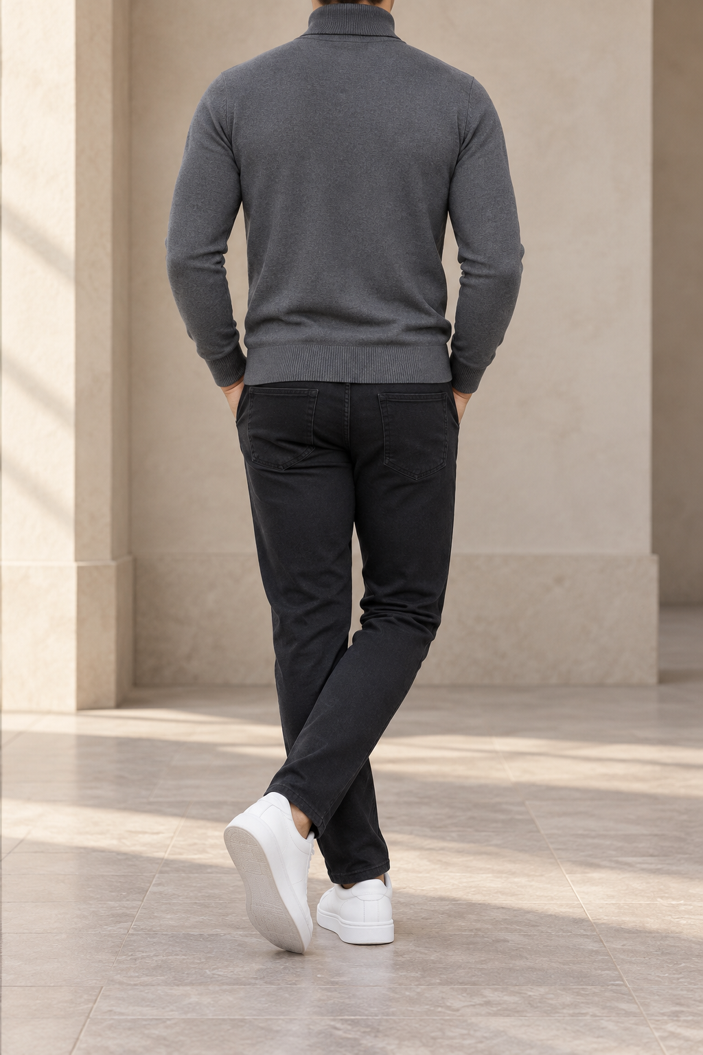 Jersey de cuello alto gris ceniza para hombre, vista trasera