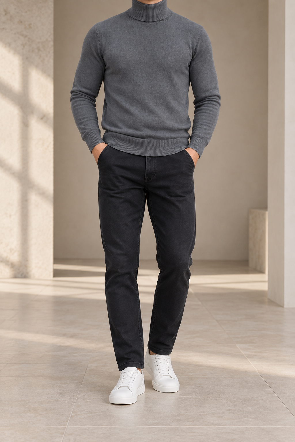 Jersey de cuello alto gris ceniza para hombre, vista frontal