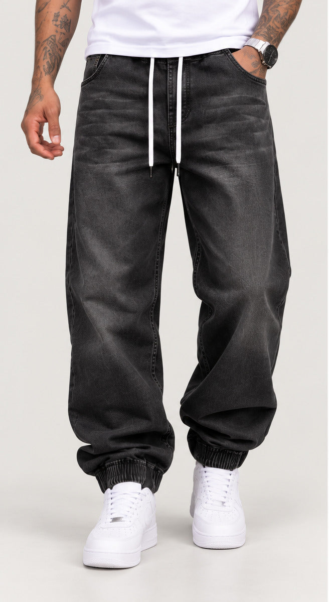 Pantalón baggy puño ancho hombre negro frontal