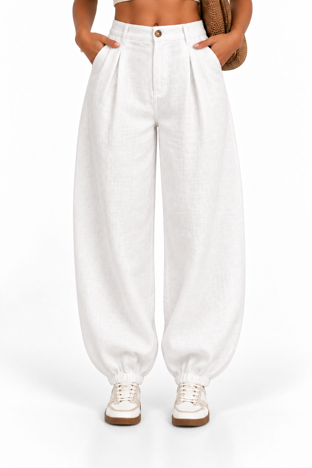 Pantalón bombacho de lino blanco - vista frontal