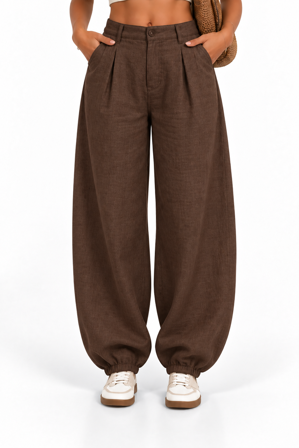 Pantalón bombacho de lino marrón chocolate - vista frontal