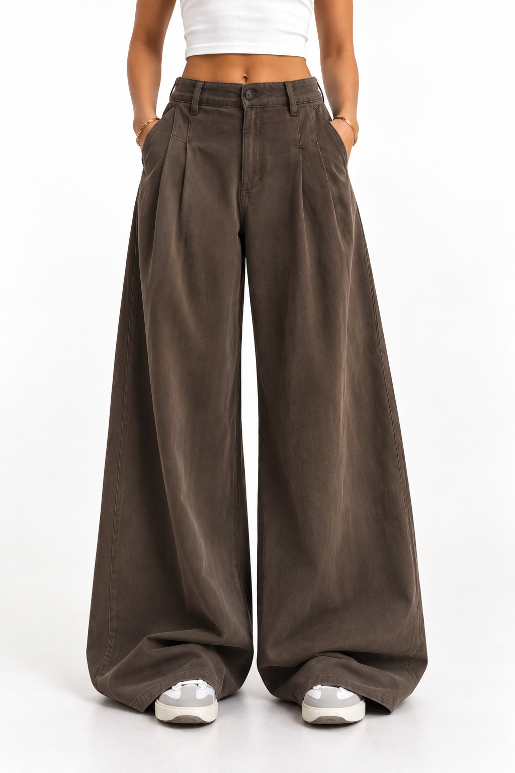 Pantalón extra ancho marrón de mujer, vista frontal