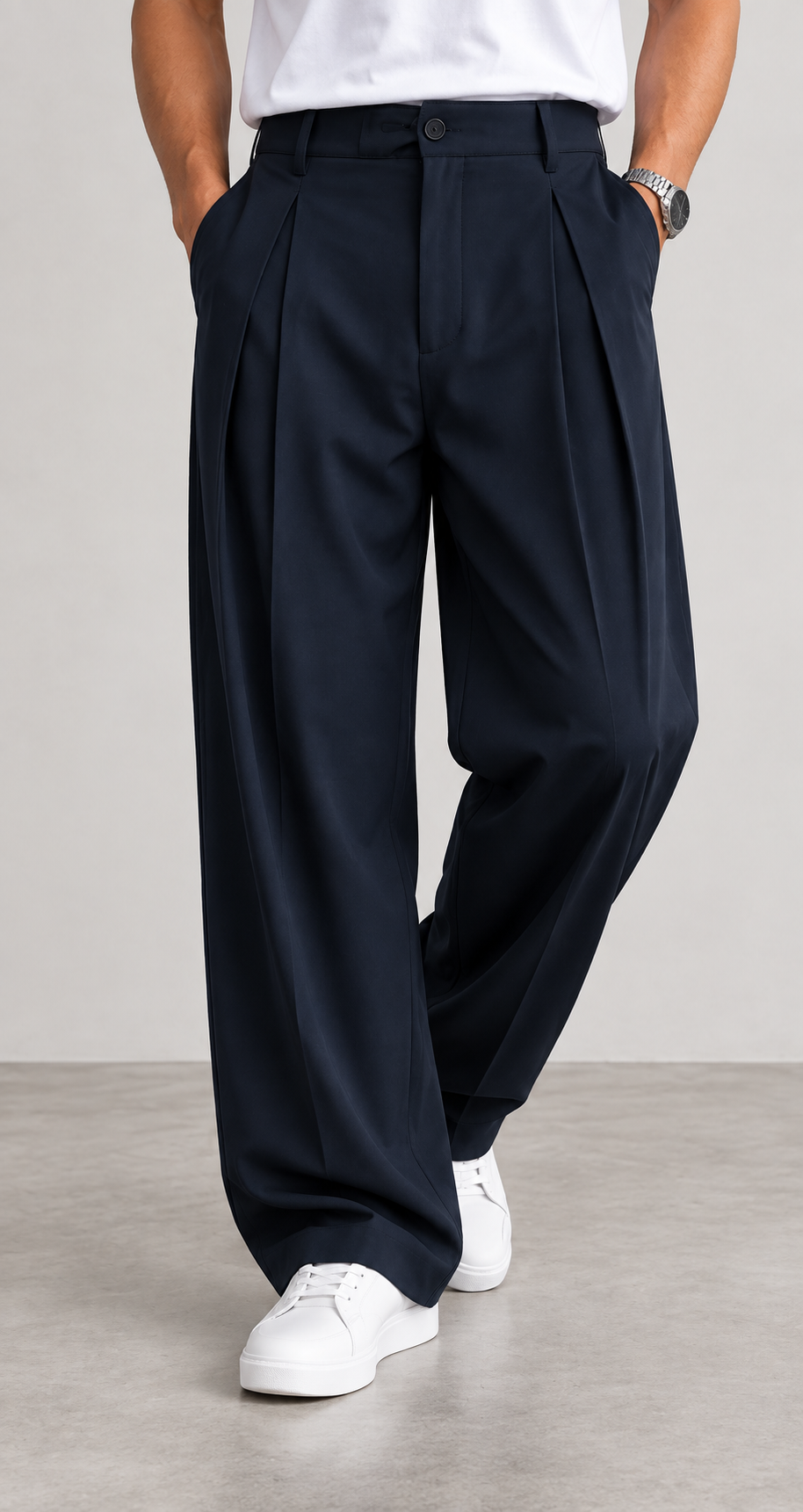 Pantalón hombre de pinzas wide leg azul media noche, vista frontal