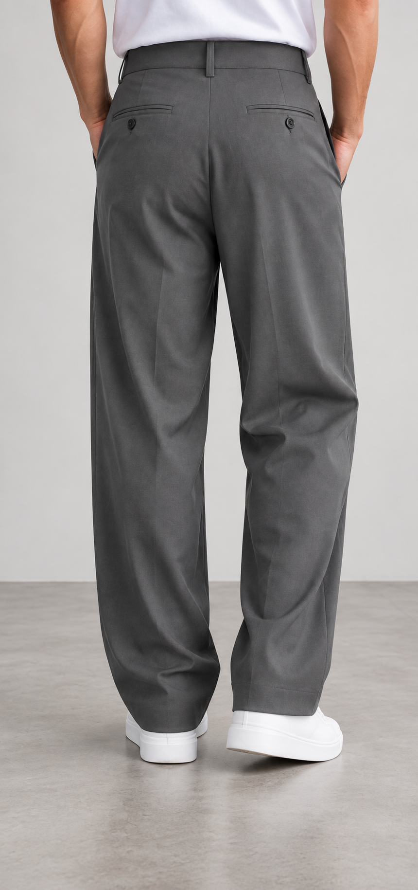 Pantalón hombre de pinzas wide leg gris, vista trasera