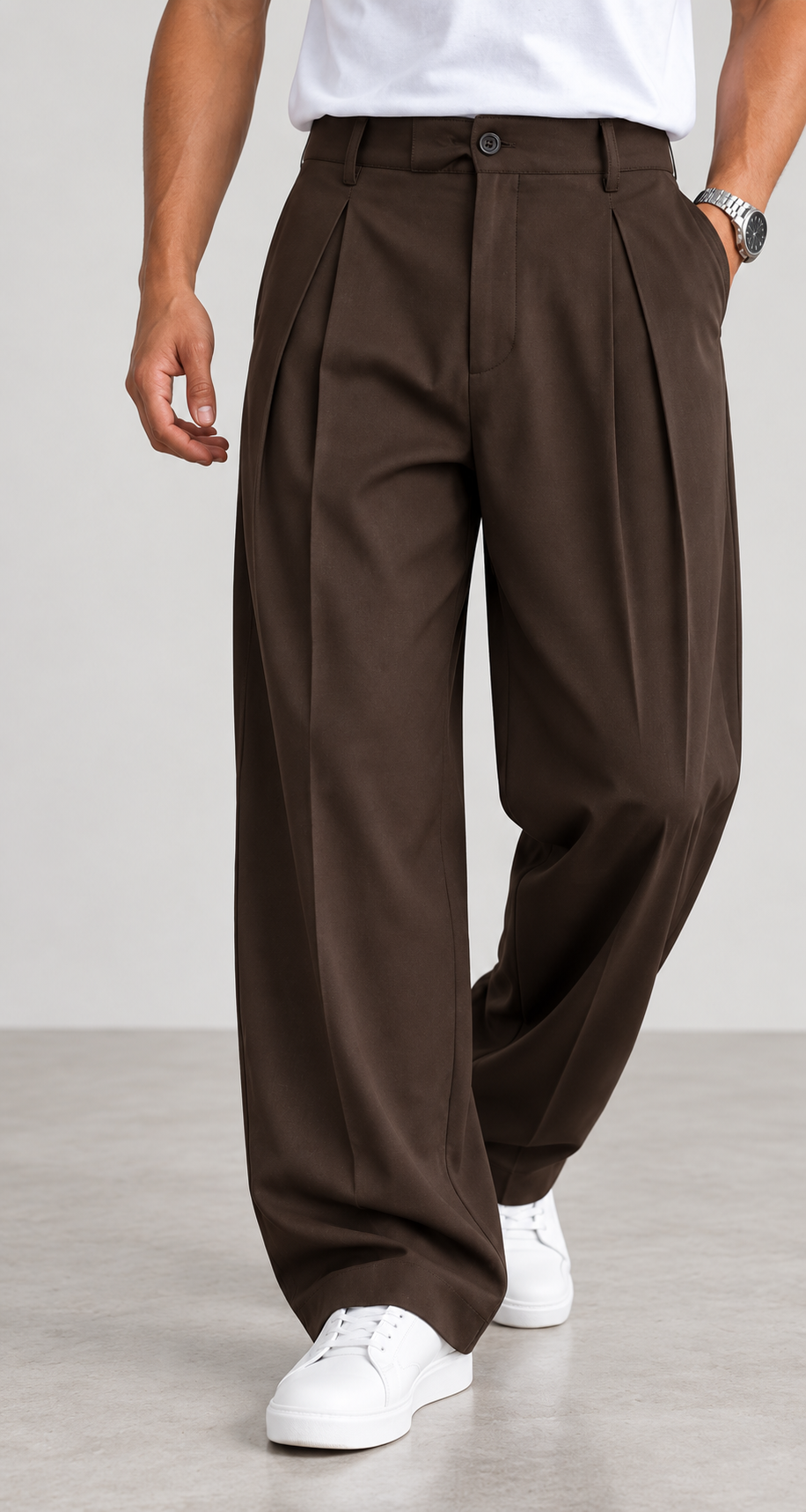Pantalón hombre de pinzas wide leg marrón chocolate, vista frontal