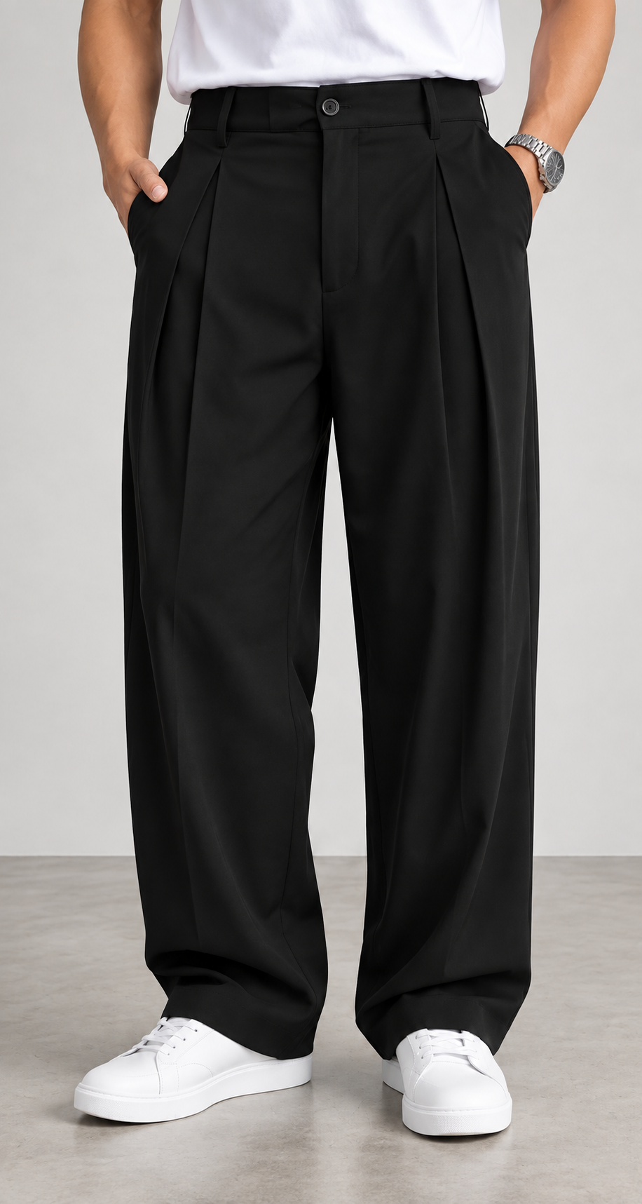 Pantalón hombre de pinzas wide leg negro, vista frontal