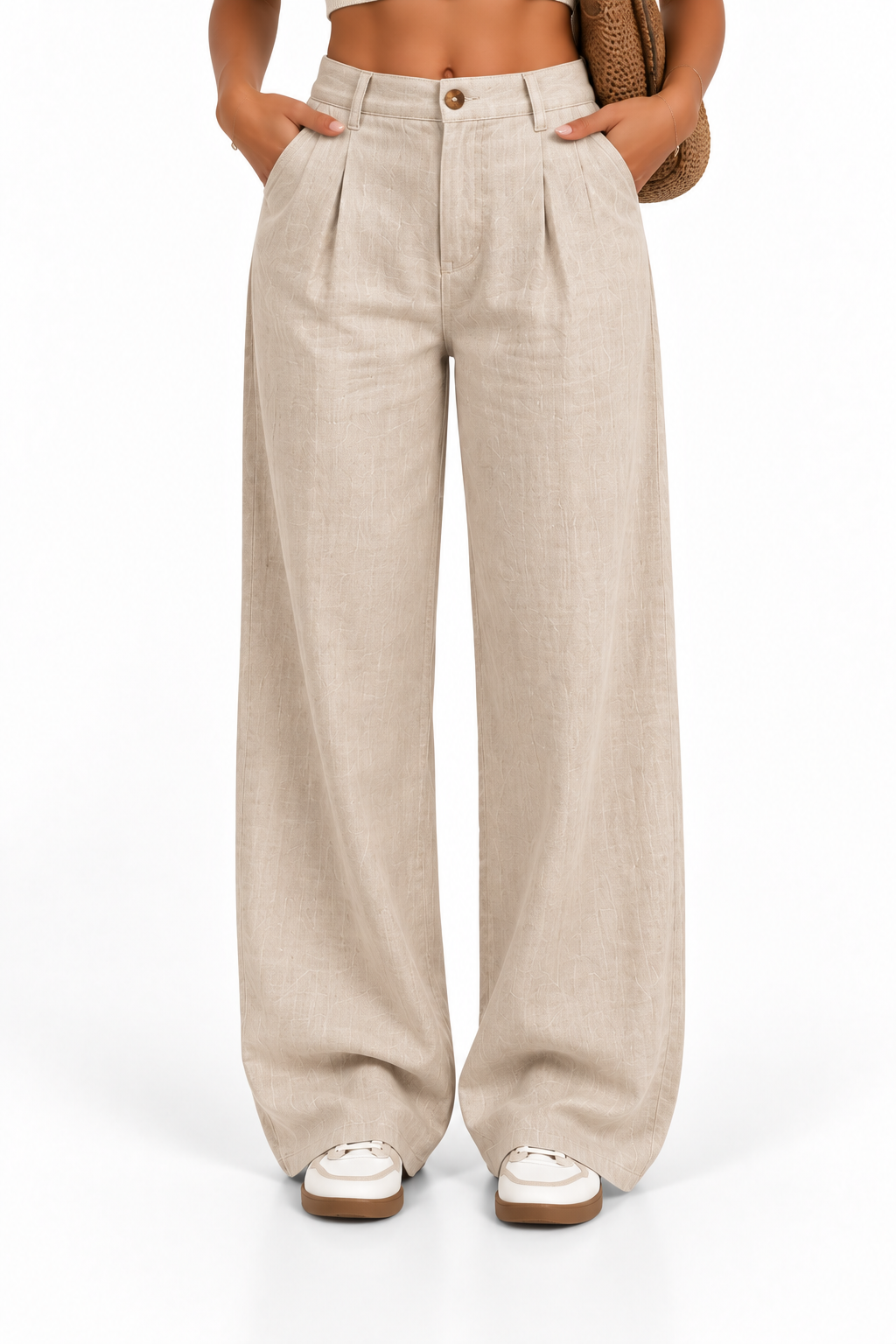 Pantalón de lino beige de mujer - vista frontal