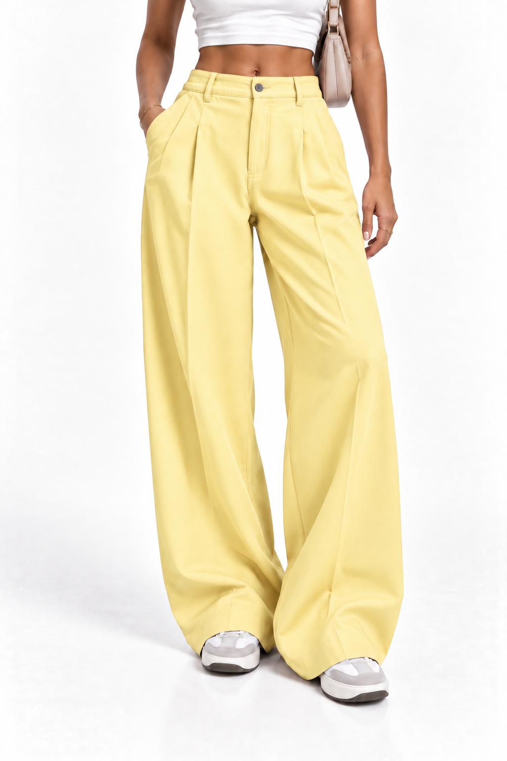 Pantalón oversize fluido amarillo pastel de mujer, vista frontal