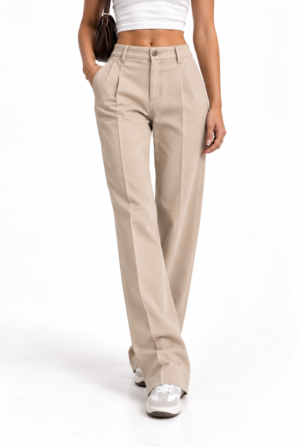 Pantalón recto estructurado beige de mujer, vista frontal