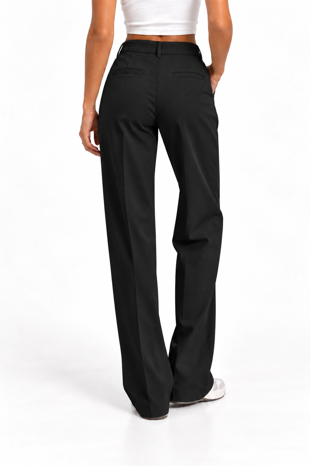 Pantalón recto estructurado negro de mujer, vista trasera