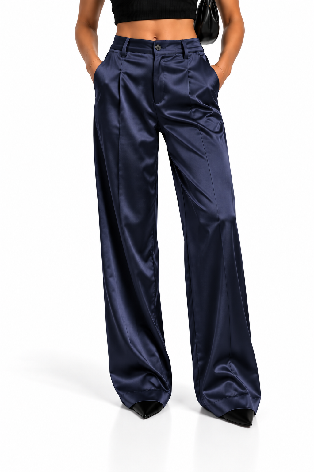 Pantalón satinado azul marino de mujer, vista frontal