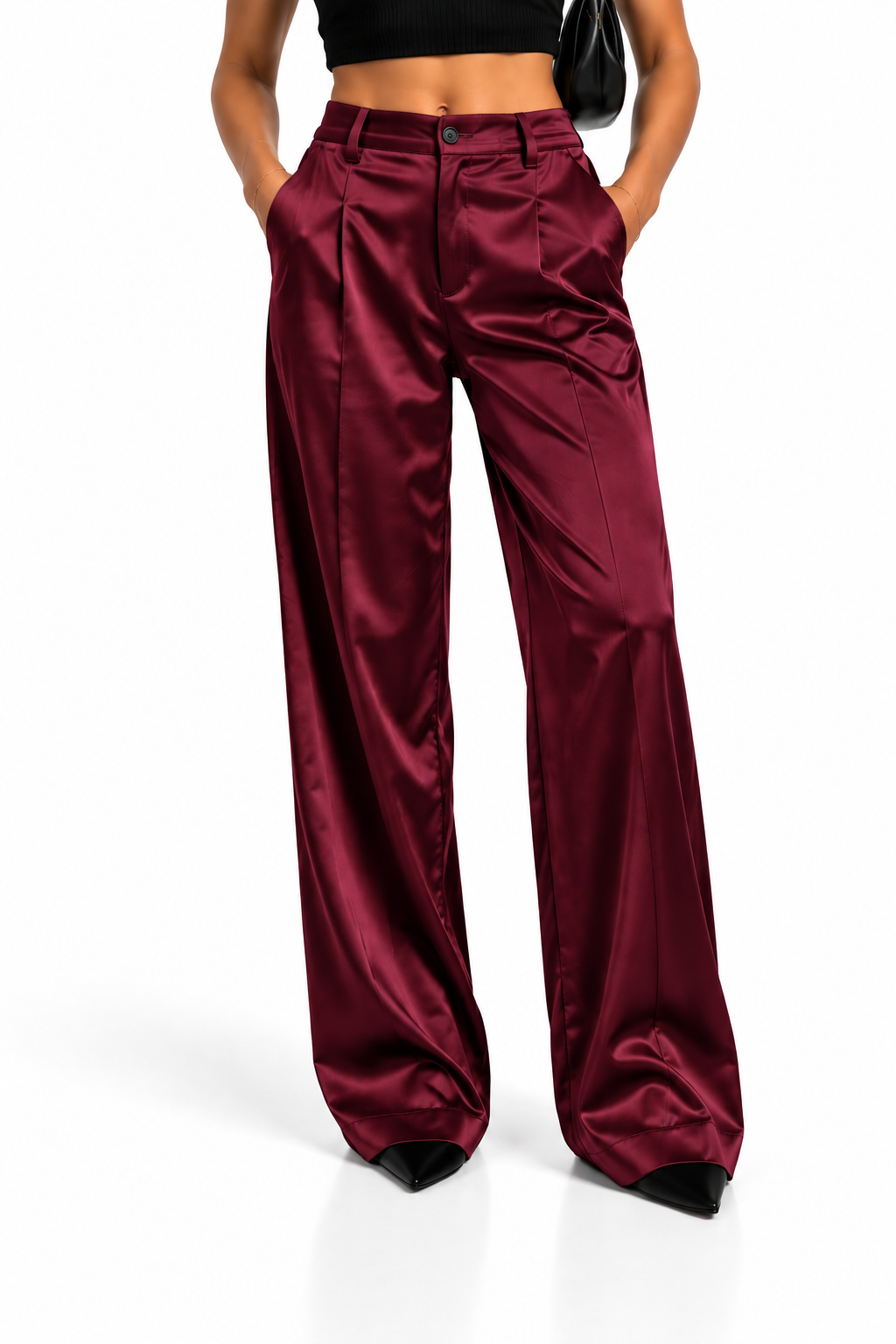 Pantalón satinado burdeos de mujer, vista frontal