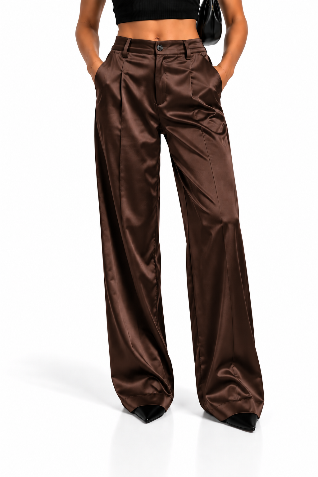 Pantalón satinado marrón chocolate de mujer, vista frontal