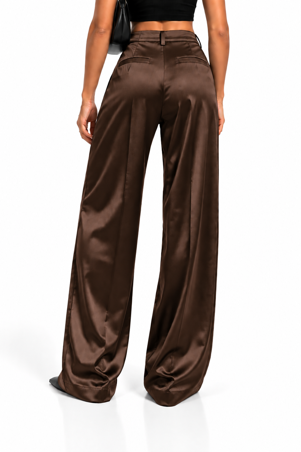 Pantalón satinado marrón chocolate de mujer, vista trasera