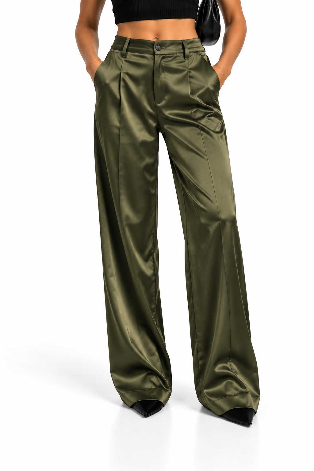 Pantalón satinado verde oliva de mujer, vista frontal