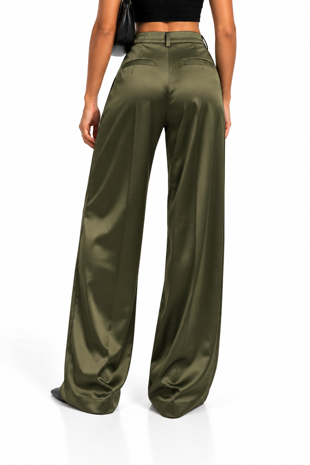 Pantalón satinado verde oliva de mujer, vista trasera